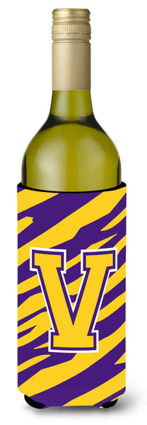 Monogram - Tiger Stripe - Purple Gold  Initial V Wine Bottle Beverage Insulator Beverage Insulator Hugger by Caroline's Treasures