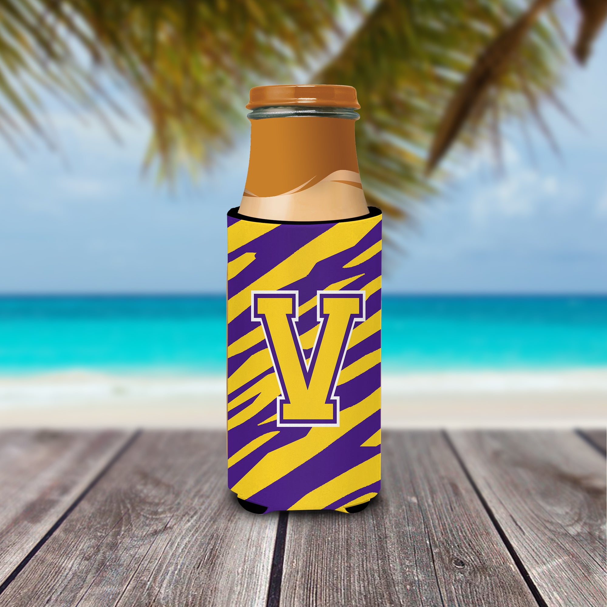 Monogram - Tiger Stripe - Purple Gold  Letter V Ultra Beverage Insulators for slim cans CJ1022-VMUK.