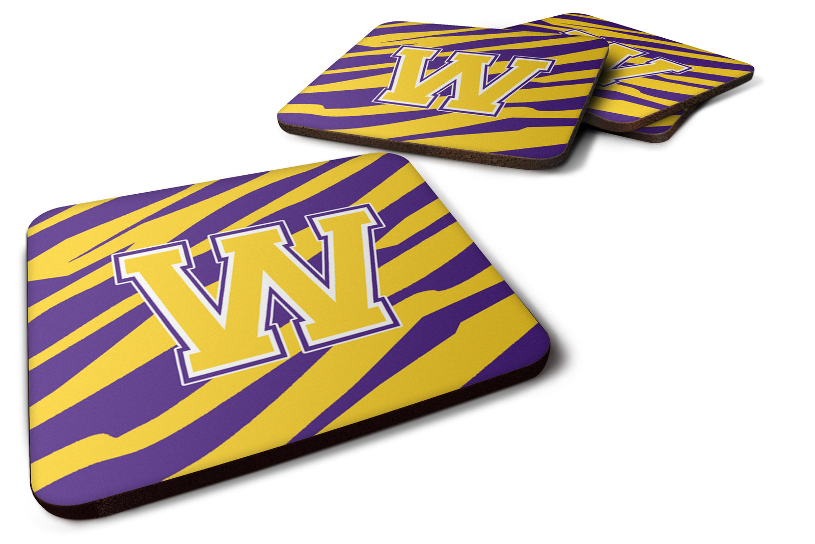 Set of 4 Monogram - Initial W Tiger Stripe - Purple Gold Foam Coasters - the-store.com