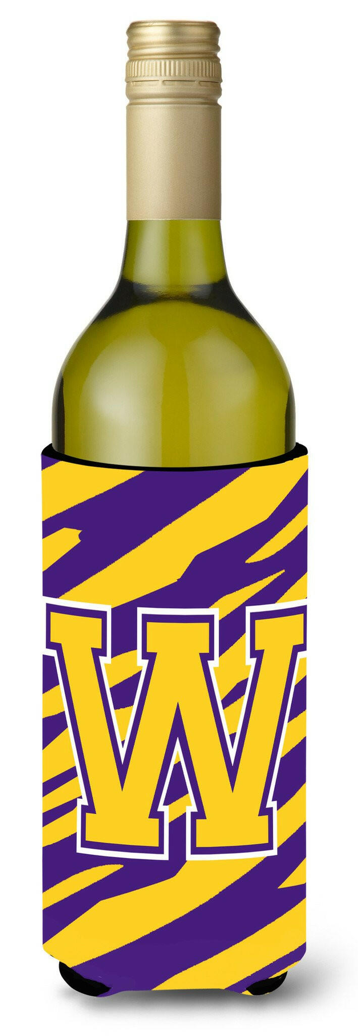 Monogram - Tiger Stripe - Purple Gold  Initial W Wine Bottle Beverage Insulator Beverage Insulator Hugger by Caroline&#39;s Treasures