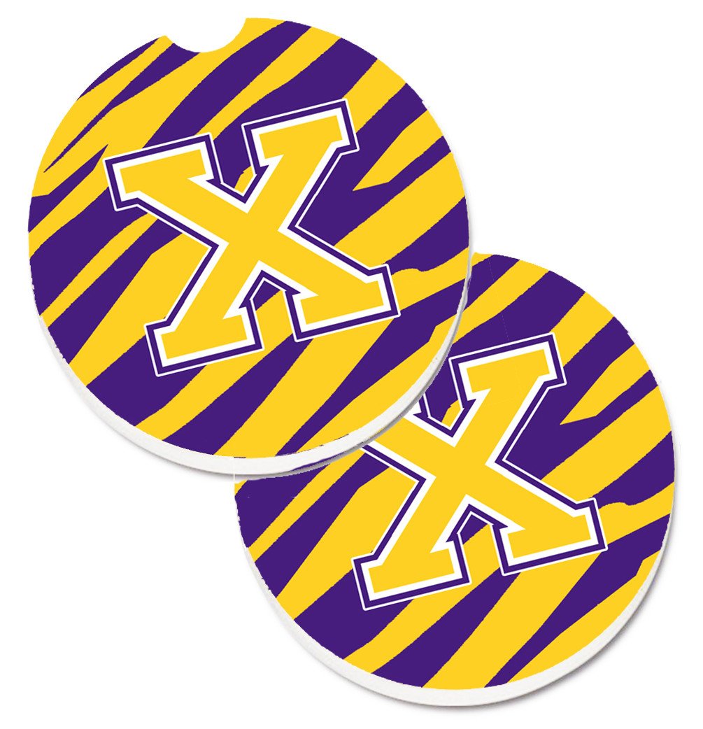 Letter X Monogram - Tiger Stripe - Purple Gold Set of 2 Cup Holder Car Coasters CJ1022-XCARC by Caroline&#39;s Treasures