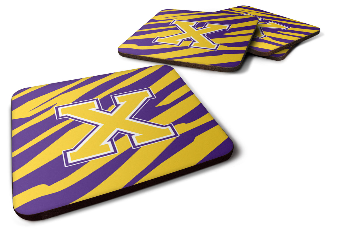 Set of 4 Monogram - Initial X Tiger Stripe - Purple Gold Foam Coasters - the-store.com