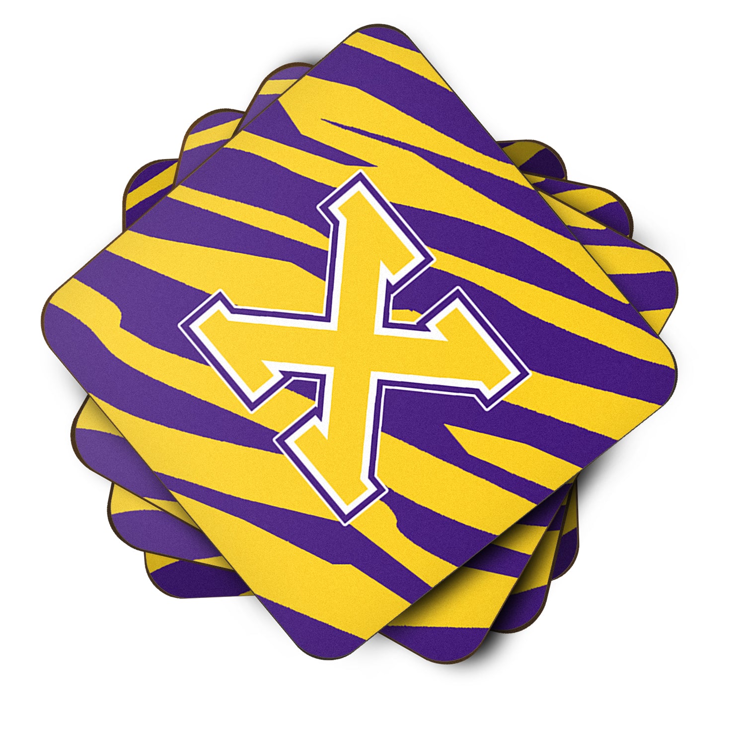 Set of 4 Monogram - Initial X Tiger Stripe - Purple Gold Foam Coasters - the-store.com