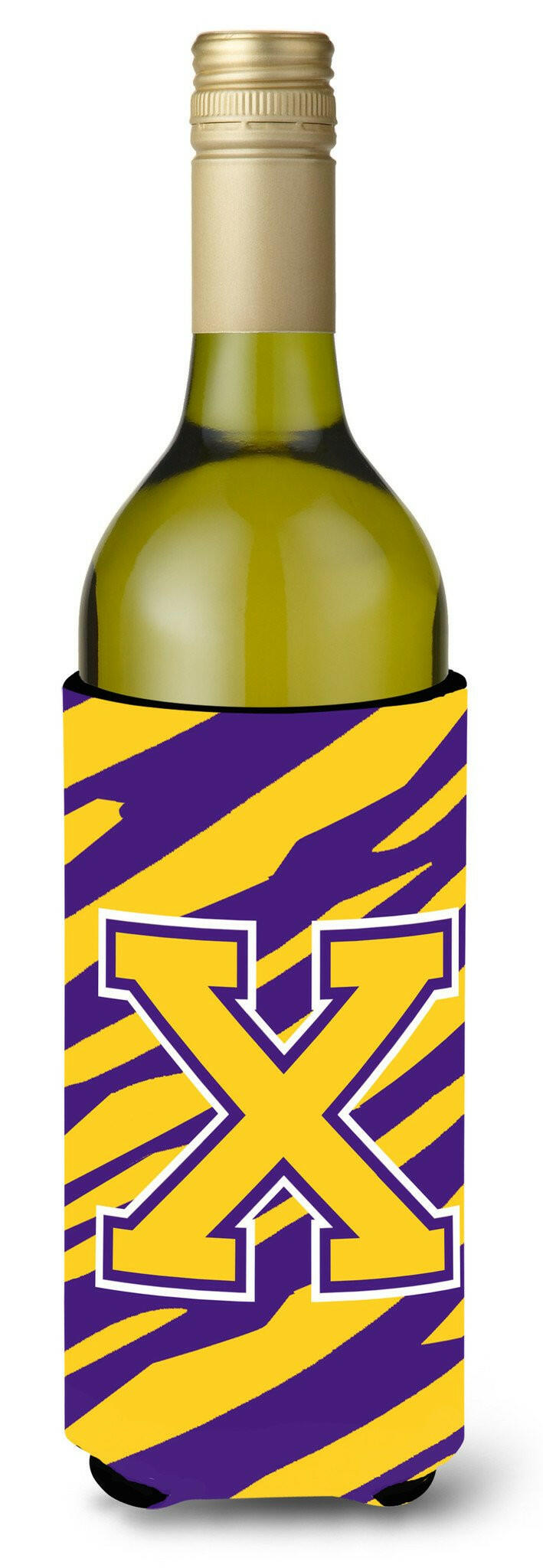 Monogram - Tiger Stripe - Purple Gold  Initial X Wine Bottle Beverage Insulator Beverage Insulator Hugger by Caroline's Treasures