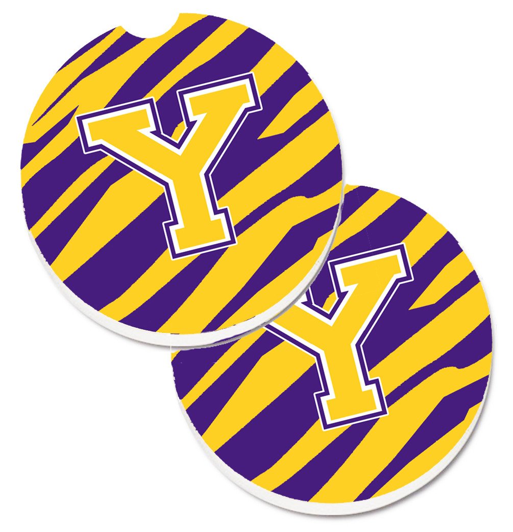 Letter Y Monogram - Tiger Stripe - Purple Gold Set of 2 Cup Holder Car Coasters CJ1022-YCARC by Caroline&#39;s Treasures