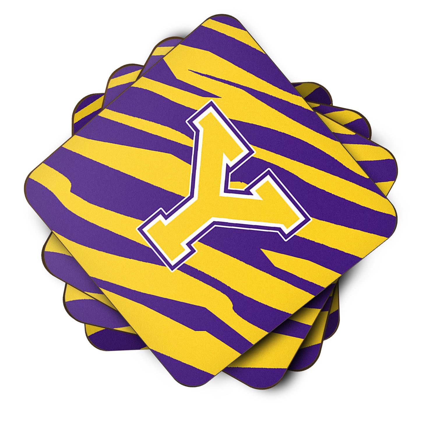 Set of 4 Monogram - Initial Y Tiger Stripe - Purple Gold Foam Coasters - the-store.com