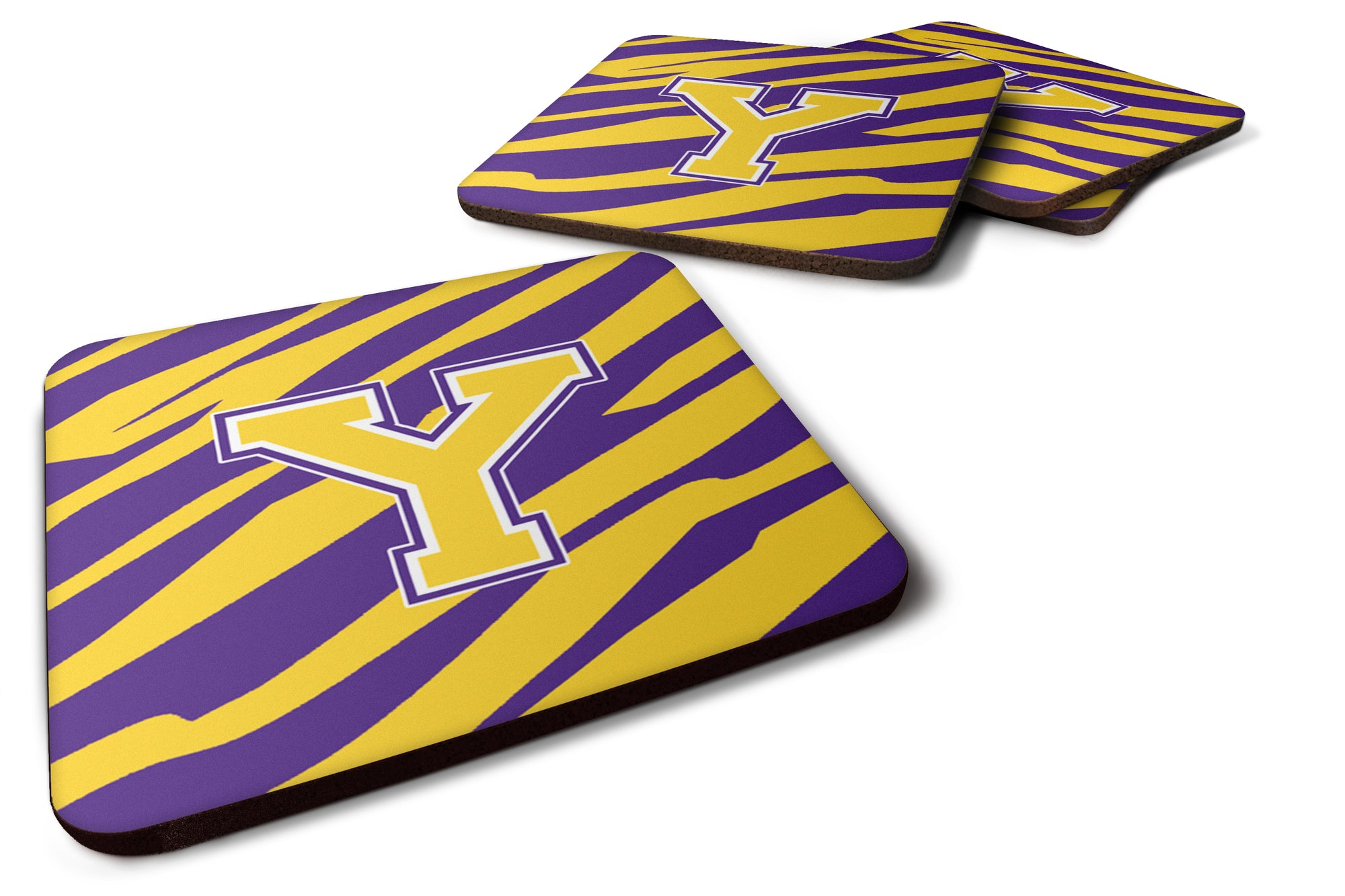 Set of 4 Monogram - Initial Y Tiger Stripe - Purple Gold Foam Coasters - the-store.com