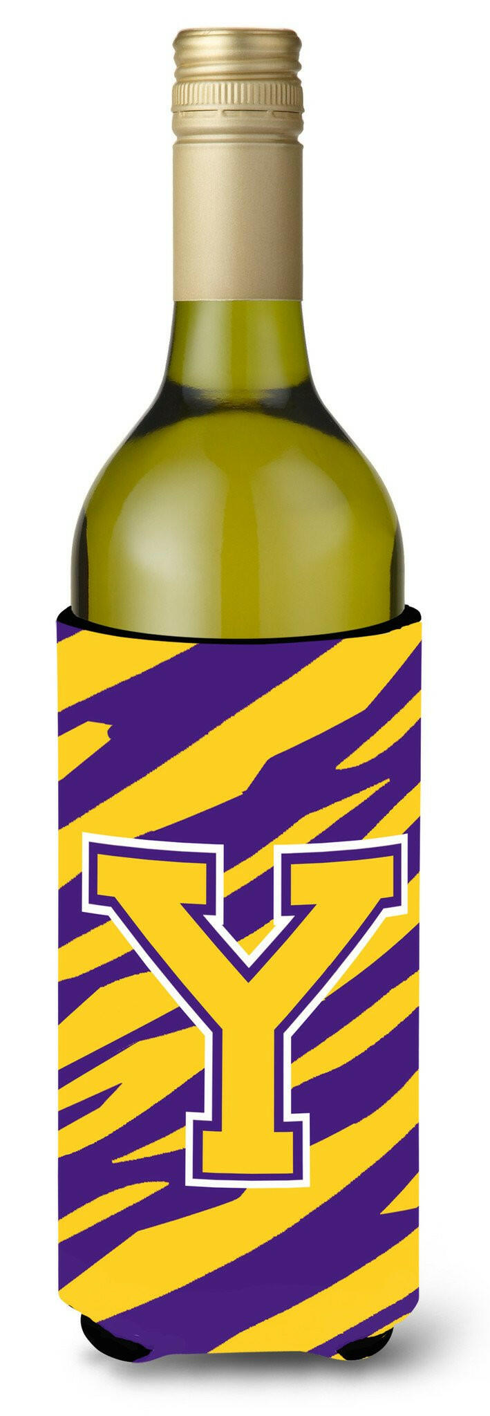 Monogram - Tiger Stripe - Purple Gold  Initial Y Wine Bottle Beverage Insulator Beverage Insulator Hugger by Caroline&#39;s Treasures