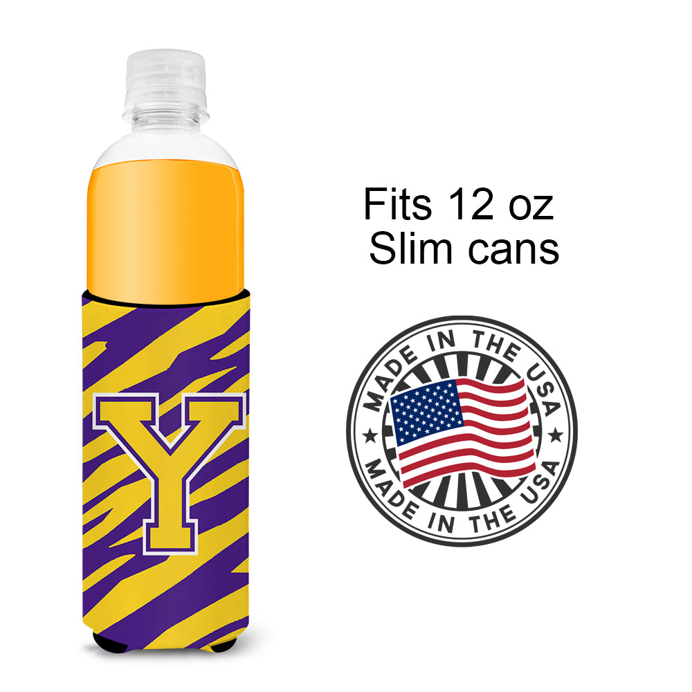 Monogramme - Tiger Stripe - Purple Gold Letter Y Ultra Beverage Insulators pour canettes minces CJ1022-YMUK