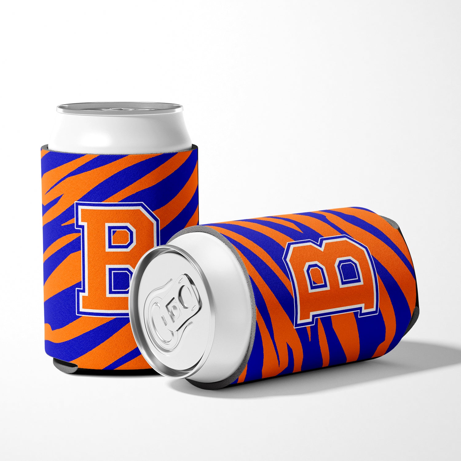 Letter B Initial Monogram Tiger Stripe Blue Orange Can or Bottle Beverage Insulator Hugger