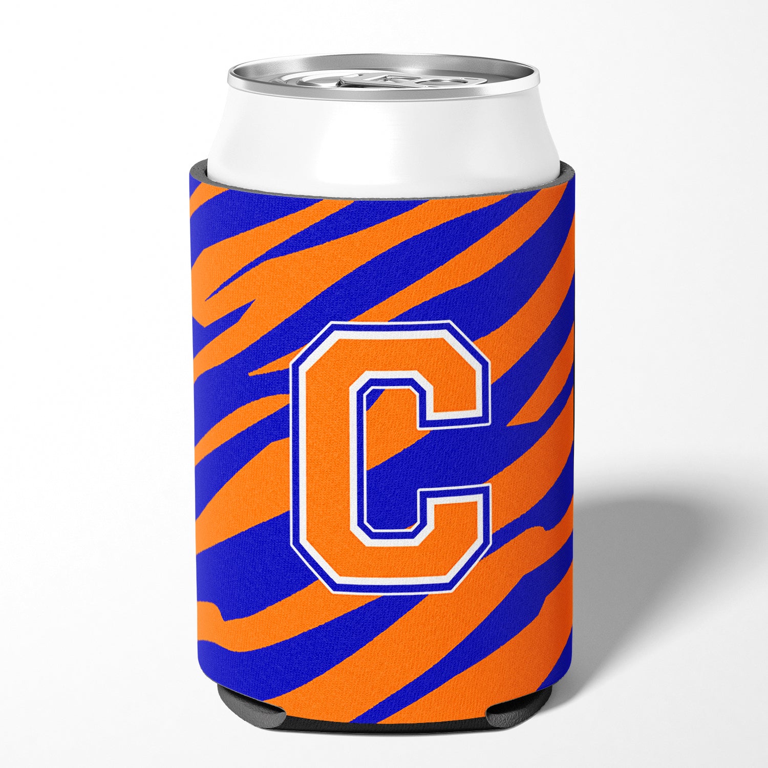 Lettre C initiale monogramme tigre rayure bleu orange canette ou bouteille boisson isolant Hugger