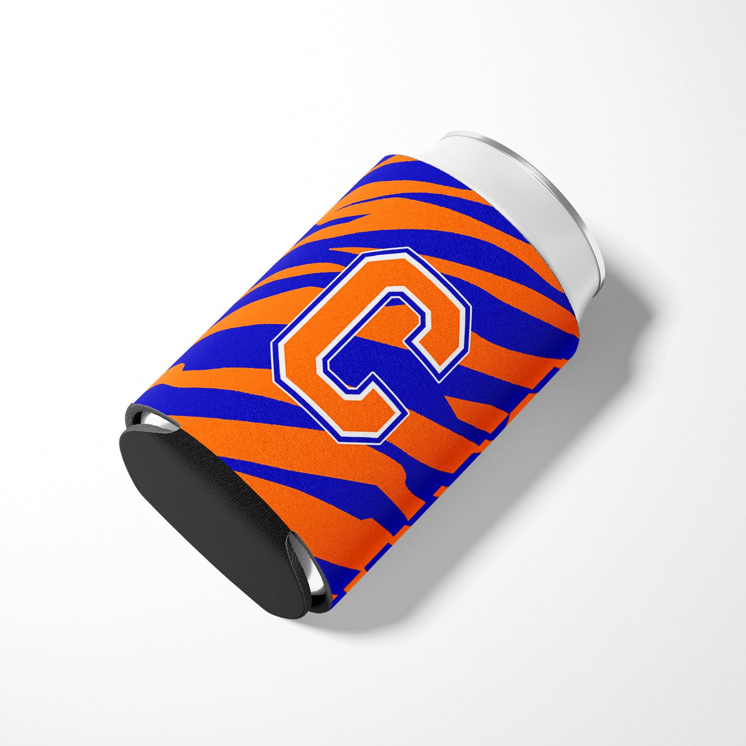 Letter C Initial Monogram Tiger Stripe Blue Orange Can or Bottle Beverage Insulator Hugger