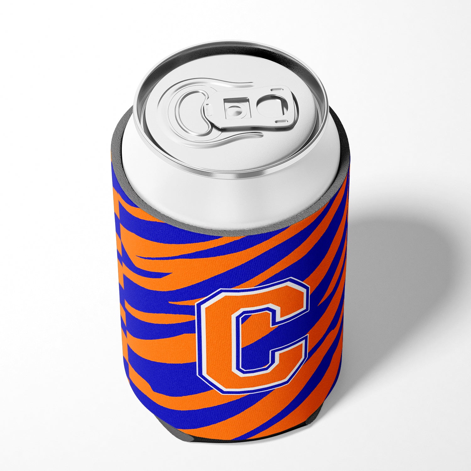 Letter C Initial Monogram Tiger Stripe Blue Orange Can or Bottle Beverage Insulator Hugger.