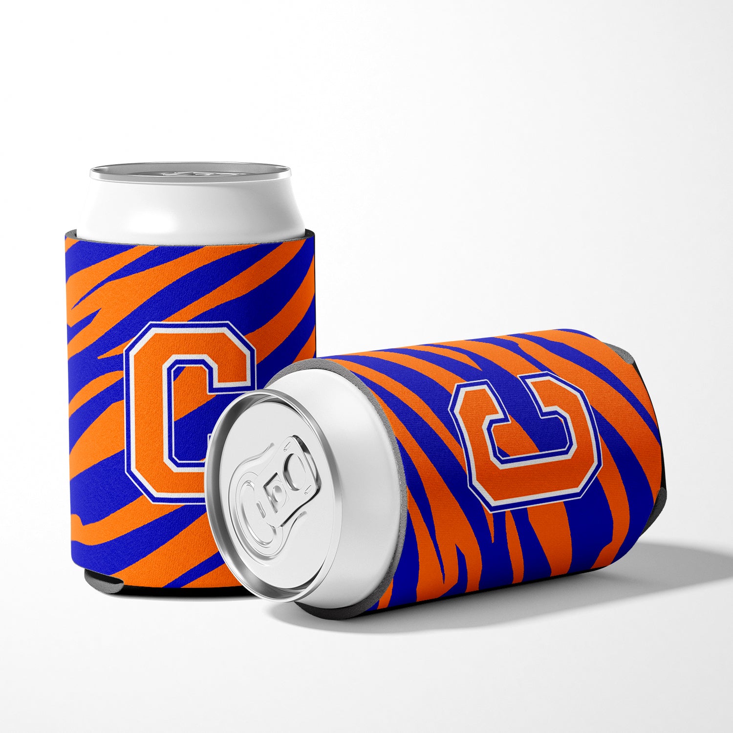 Letter C Initial Monogram Tiger Stripe Blue Orange Can or Bottle Beverage Insulator Hugger.