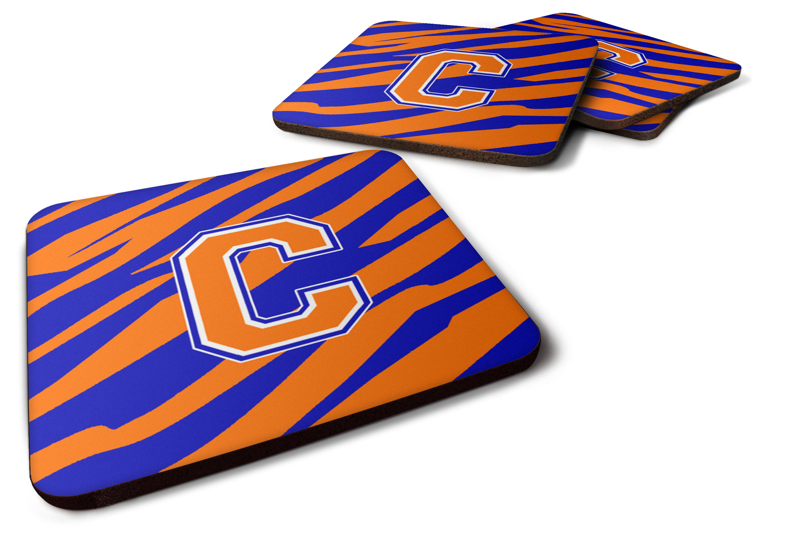 Set of 4 Monogram - Tiger Stripe - Blue Orange Foam Coasters Initial Letter C - the-store.com