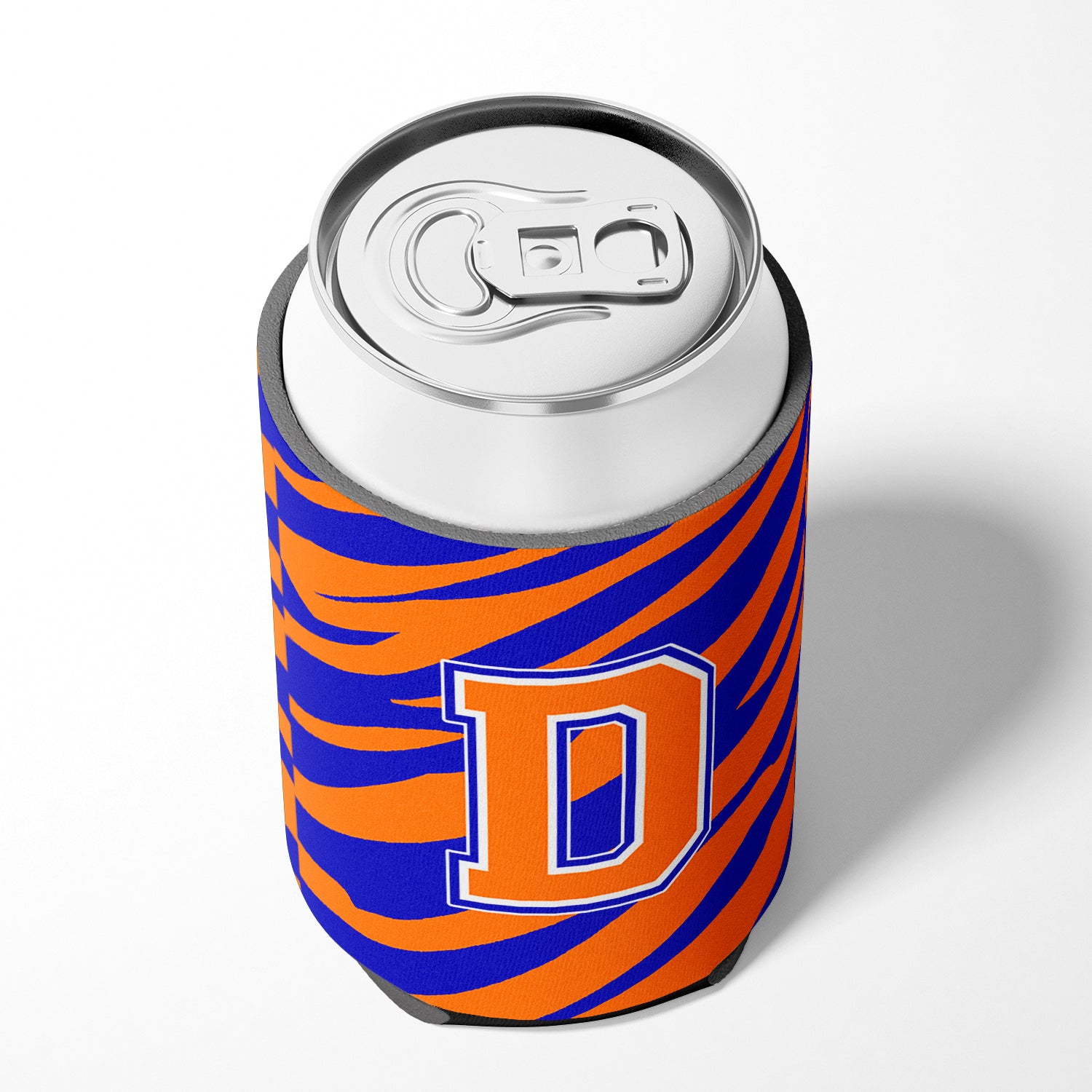 Lettre D initiale monogramme tigre rayure bleu orange canette ou bouteille boisson isolant Hugger