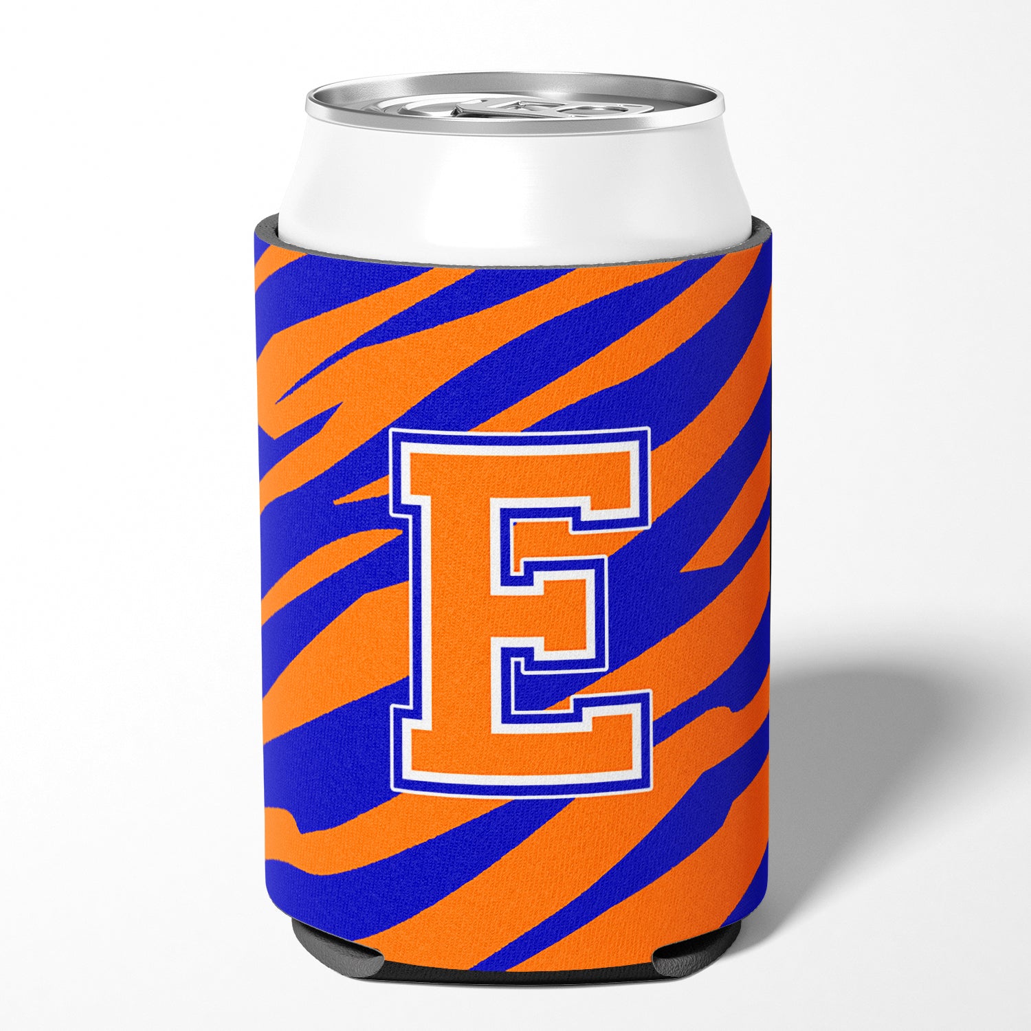 Letter E Initial Monogram Tiger Stripe Blue Orange Can or Bottle Beverage Insulator Hugger.