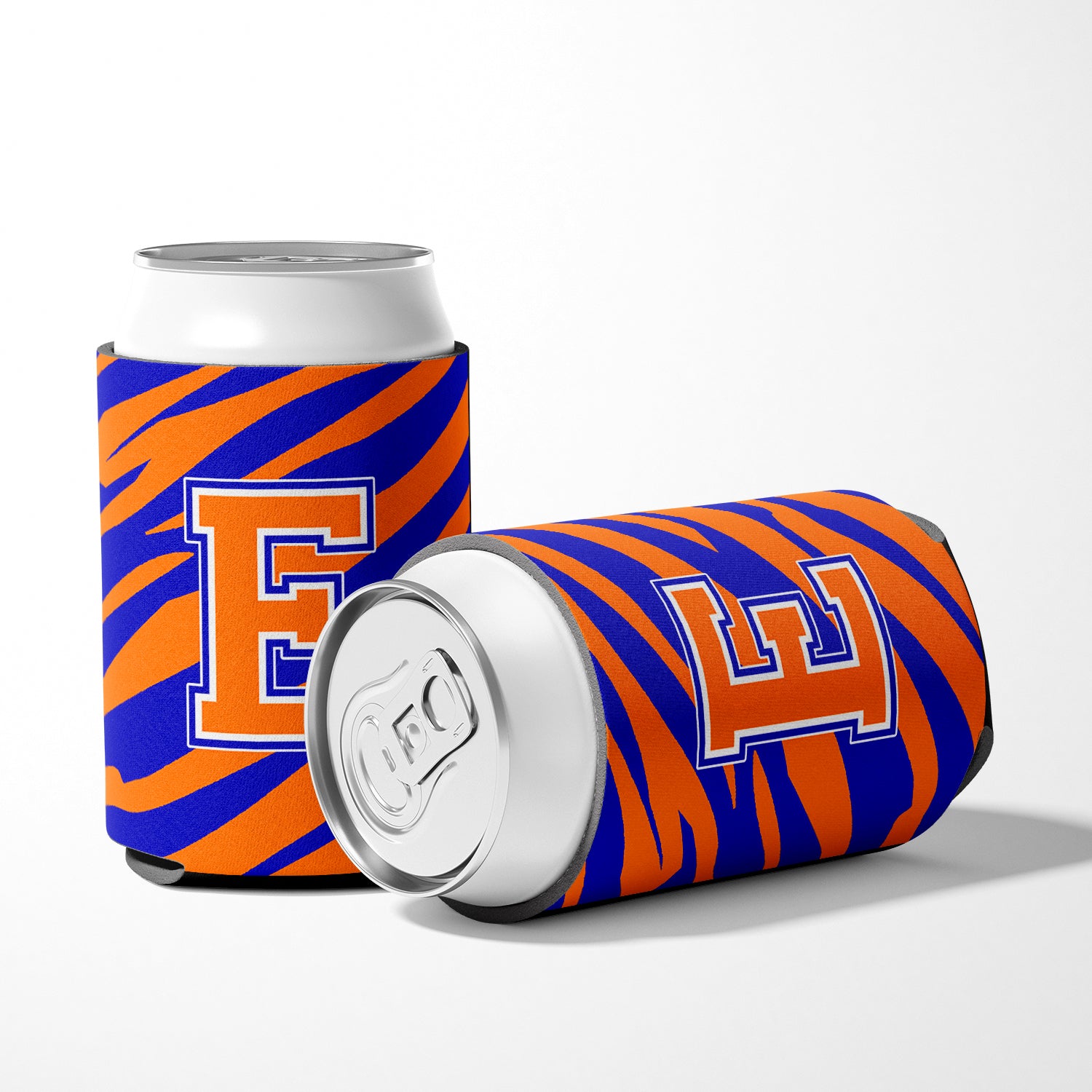 Letter E Initial Monogram Tiger Stripe Blue Orange Can or Bottle Beverage Insulator Hugger
