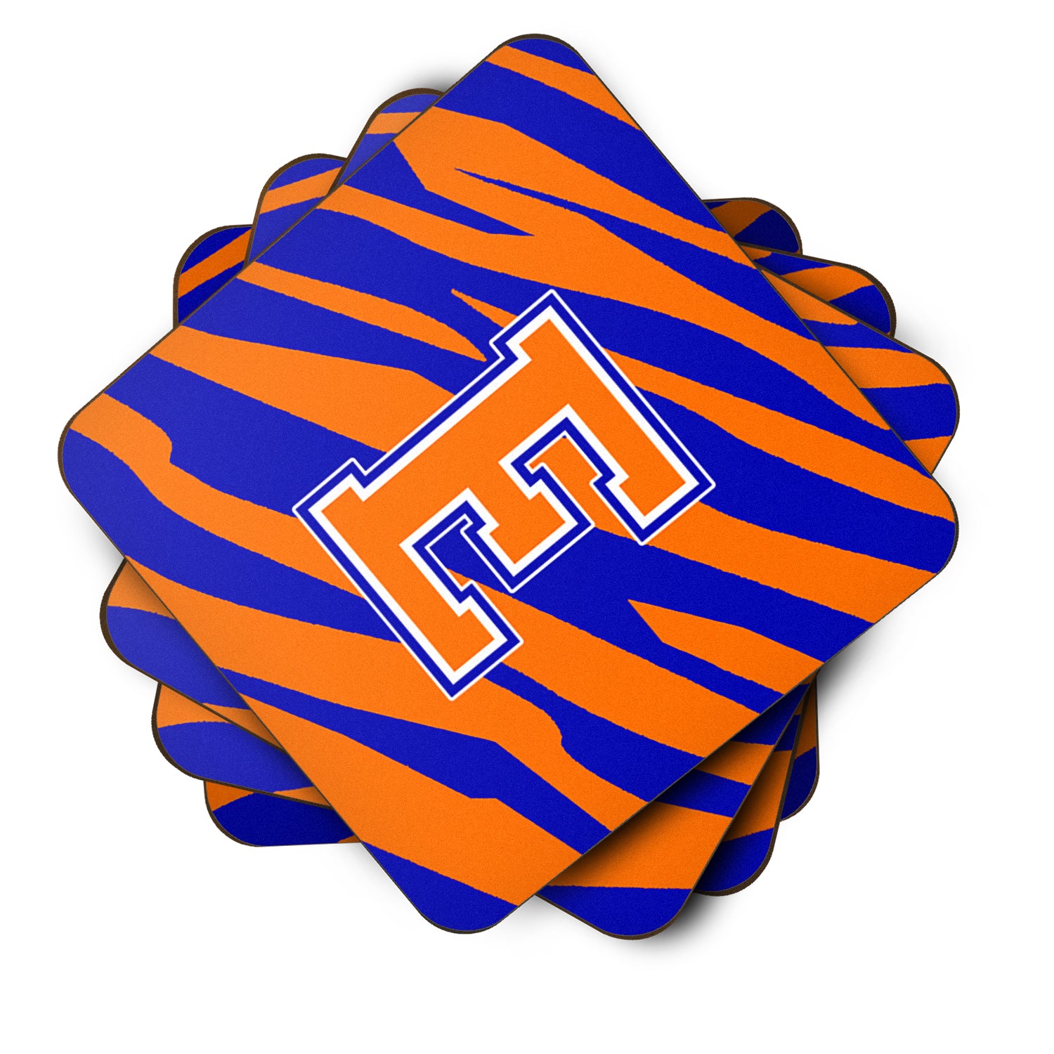 Set of 4 Monogram - Tiger Stripe - Blue Orange Foam Coasters Initial Letter E - the-store.com