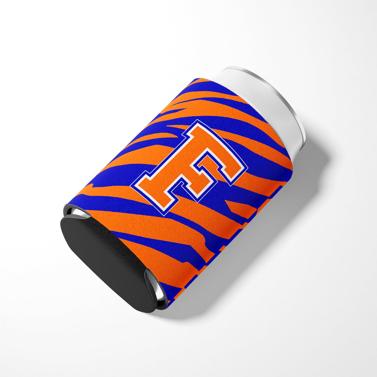Letter F Initial Monogram Tiger Stripe Blue Orange Can or Bottle Beverage Insulator Hugger.