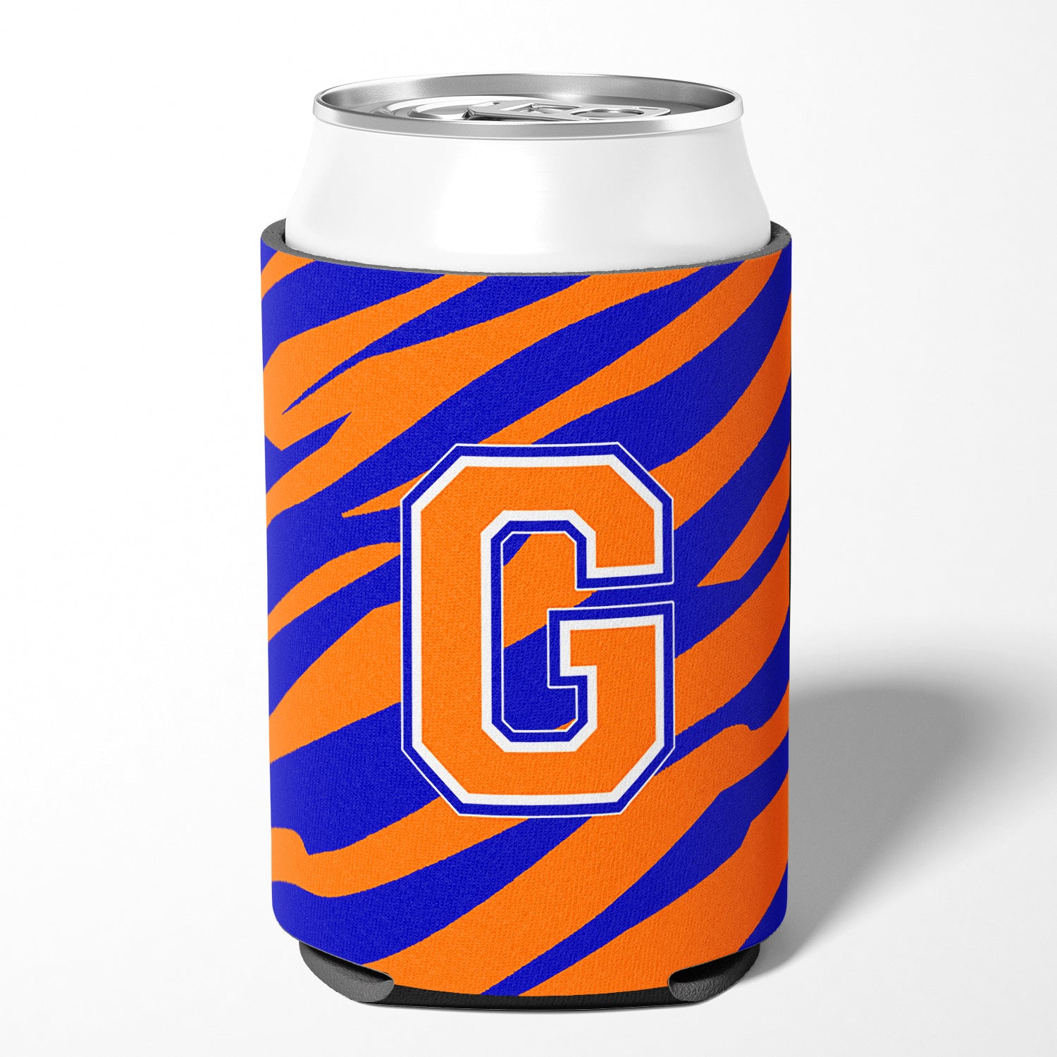 Letter G Initial Monogram Tiger Stripe Blue Orange Can or Bottle Beverage Insulator Hugger