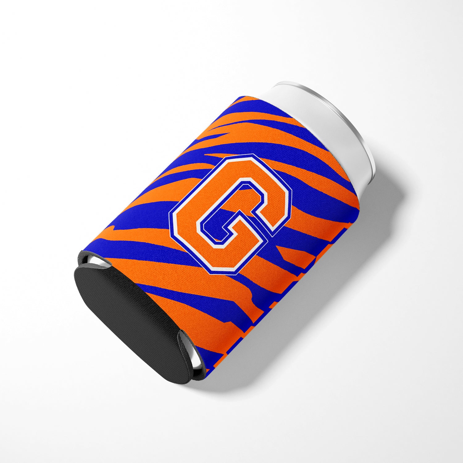 Letter G Initial Monogram Tiger Stripe Blue Orange Can or Bottle Beverage Insulator Hugger.