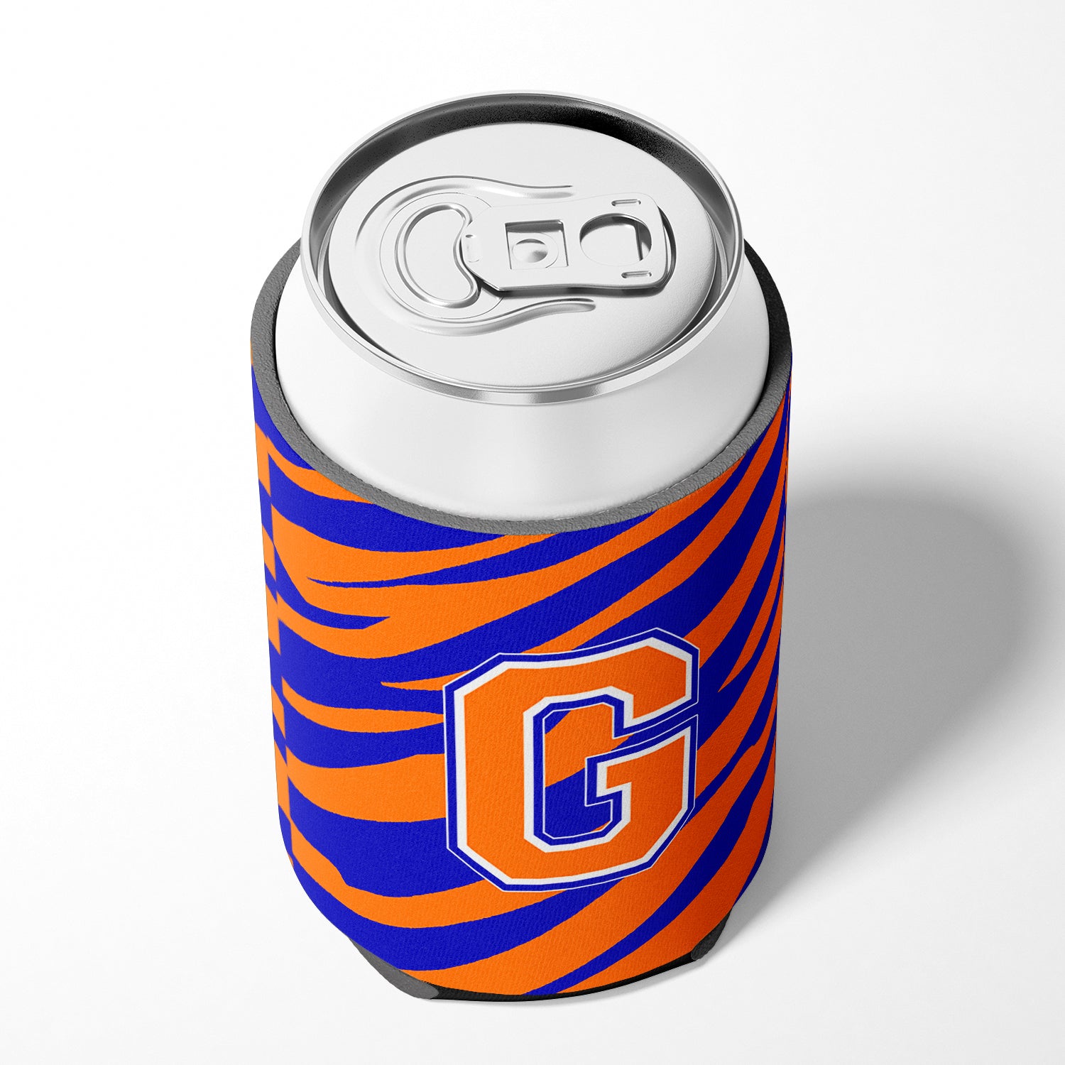 Letter G Initial Monogram Tiger Stripe Blue Orange Can or Bottle Beverage Insulator Hugger.
