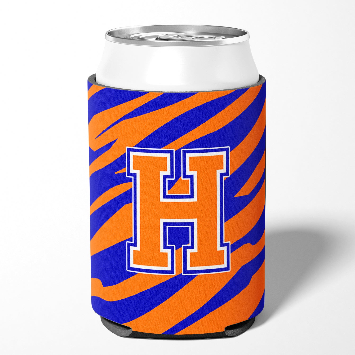 Letter H Initial Monogram Tiger Stripe Blue Orange Can or Bottle Beverage Insulator Hugger