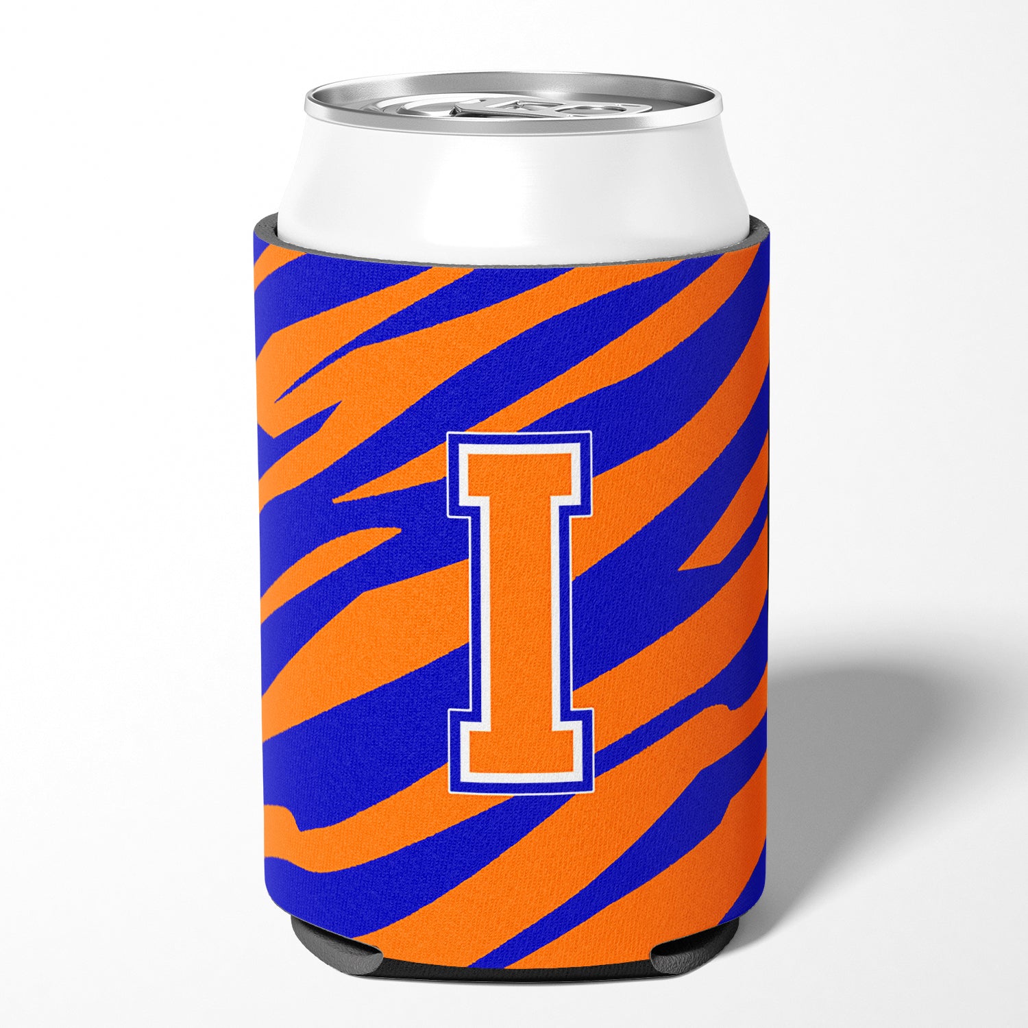 Letter I Initial Monogram Tiger Stripe Blue Orange Can or Bottle Beverage Insulator Hugger.