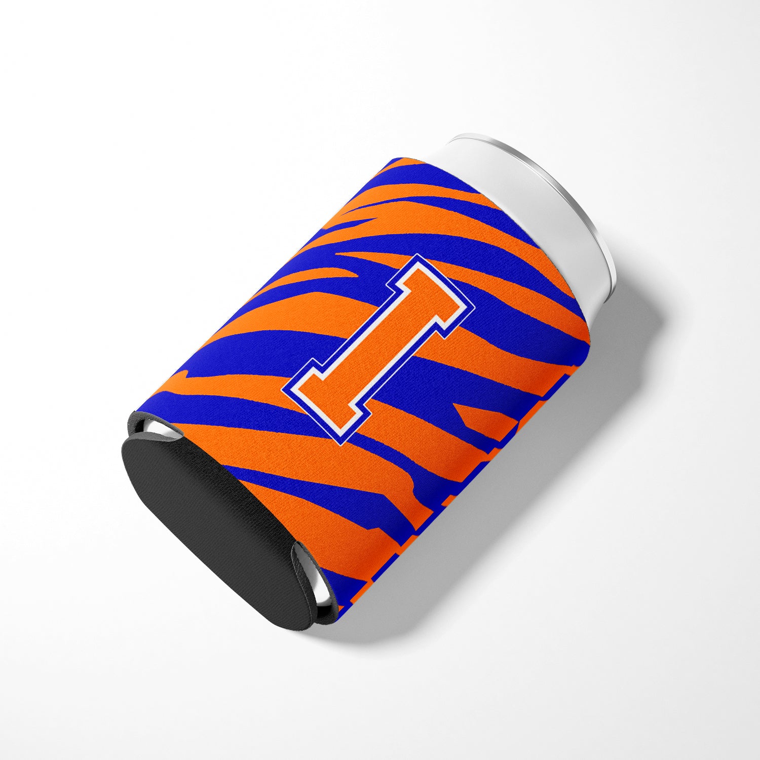 Letter I Initial Monogram Tiger Stripe Blue Orange Can or Bottle Beverage Insulator Hugger.