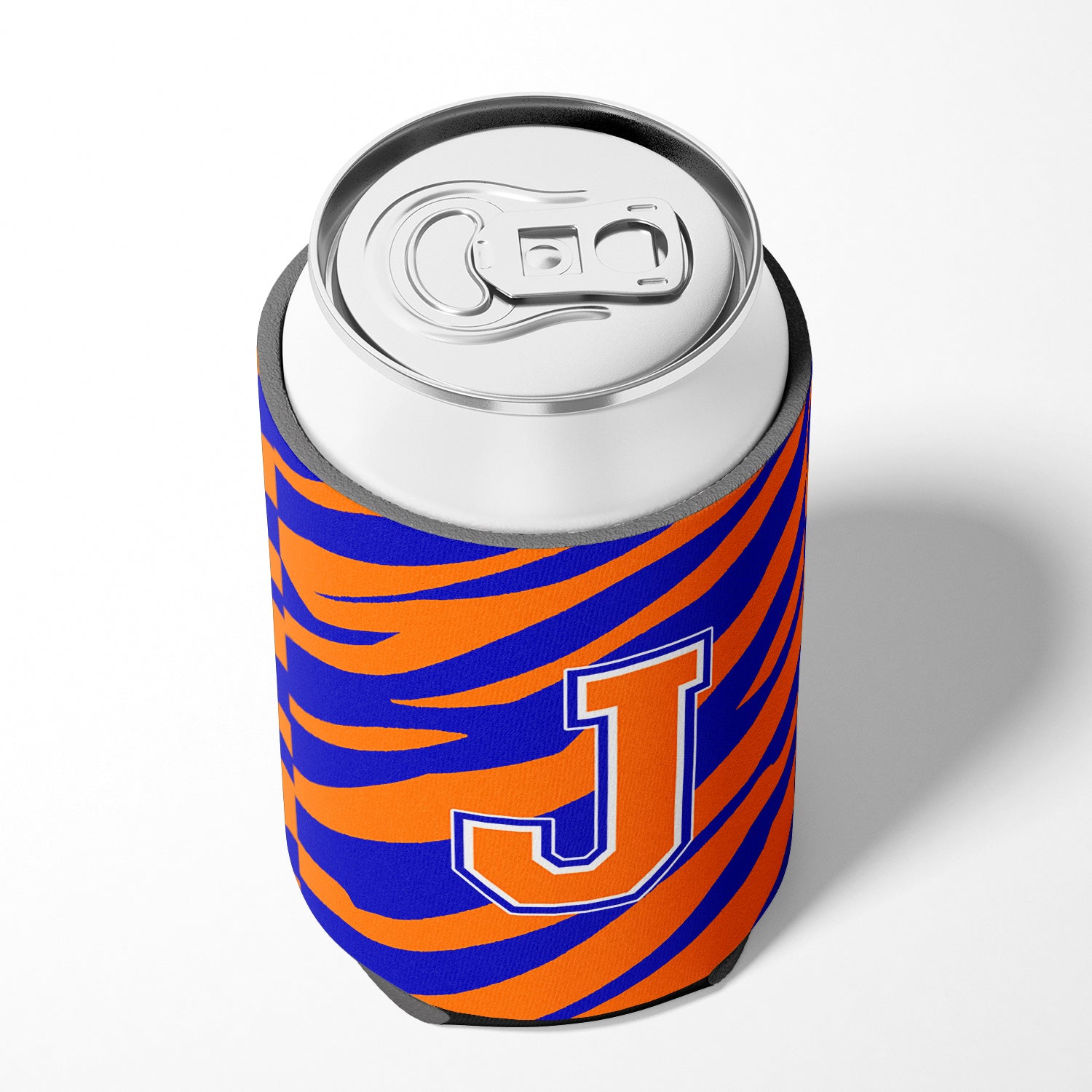 Letter J Initial Monogram Tiger Stripe Blue Orange Can or Bottle Beverage Insulator Hugger.