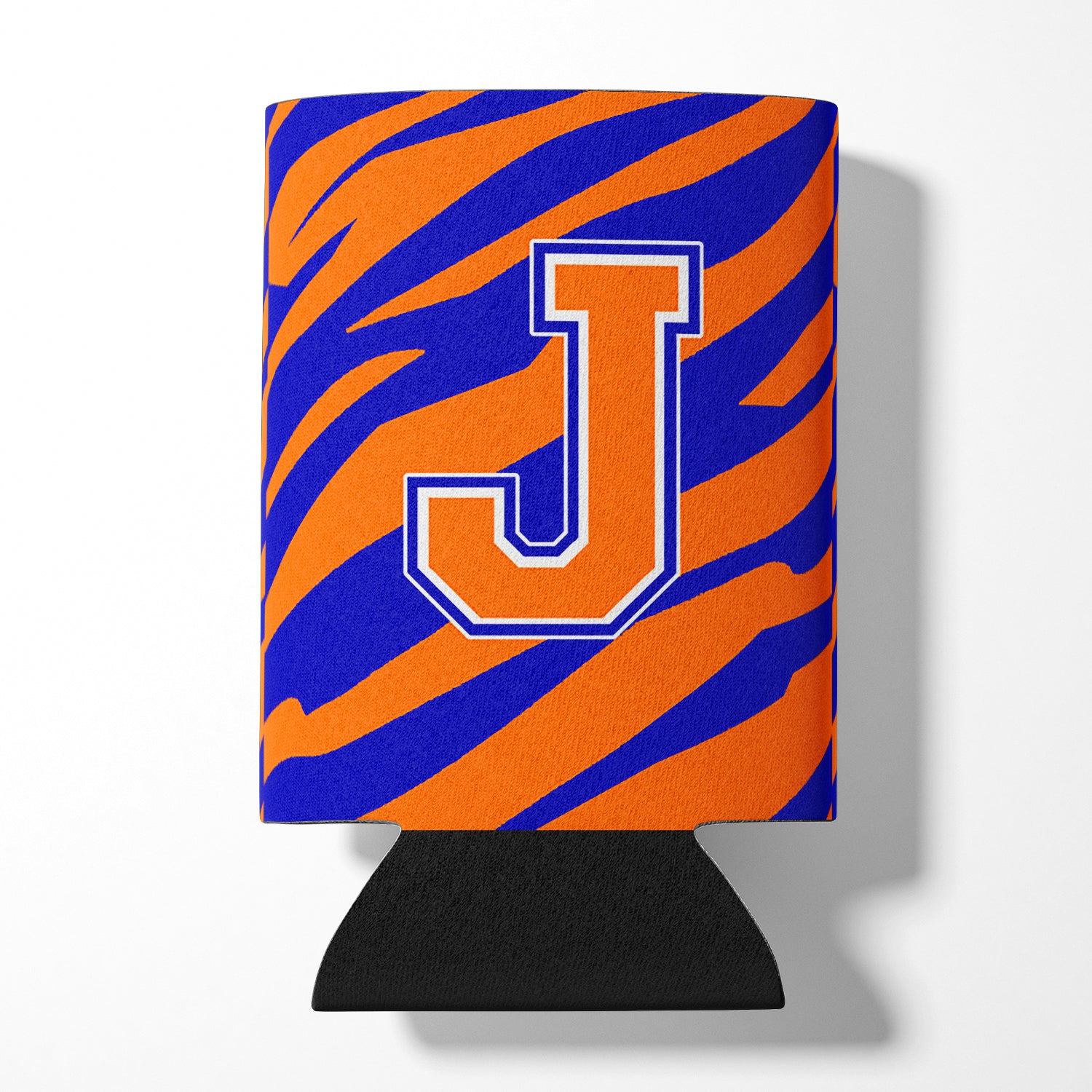 Lettre J initiale monogramme tigre rayure bleu orange canette ou bouteille boisson isolant Hugger
