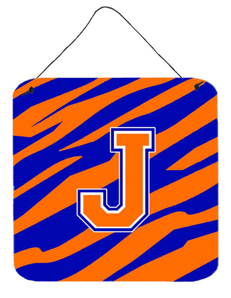 Letter J Initial Tiger Stripe - Blue Orange  Wall or Door Hanging Prints by Caroline's Treasures