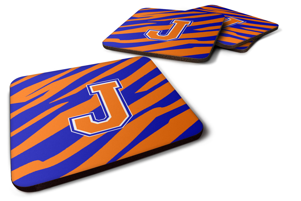 Set of 4 Monogram - Tiger Stripe - Blue Orange Foam Coasters Initial Letter J - the-store.com