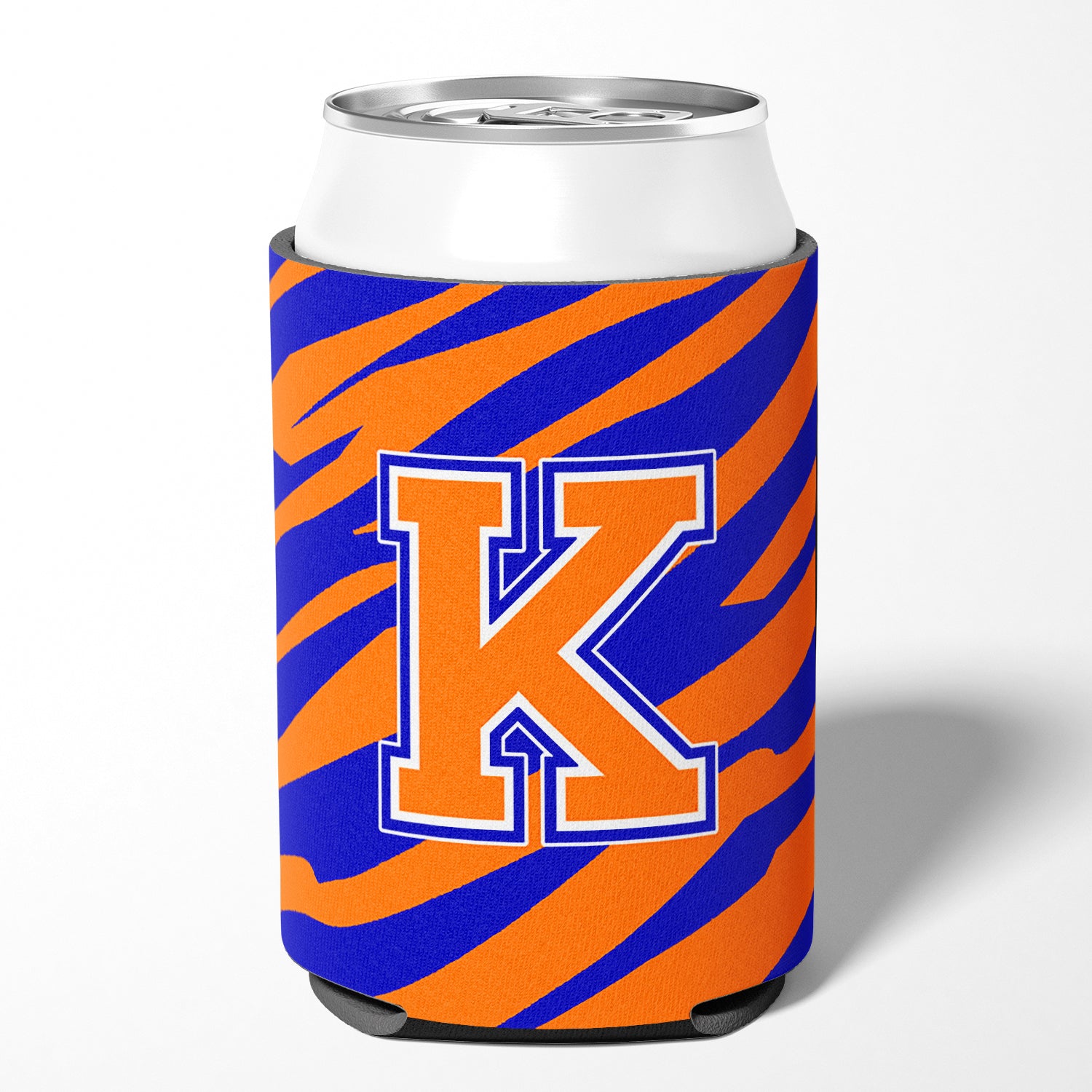 Lettre K initiale monogramme tigre rayure bleu orange canette ou bouteille boisson isolant Hugger