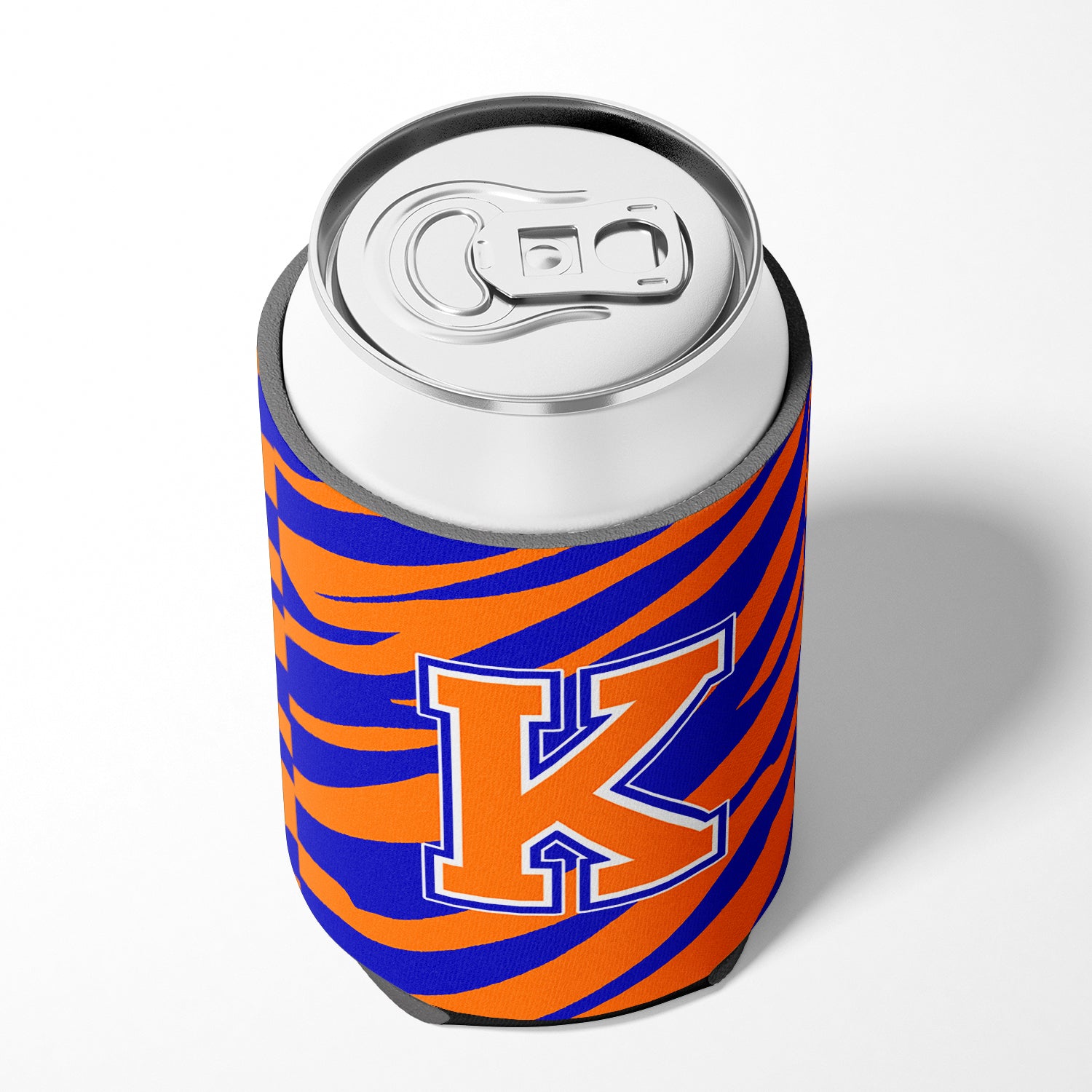 Letter K Initial Monogram Tiger Stripe Blue Orange Can or Bottle Beverage Insulator Hugger.