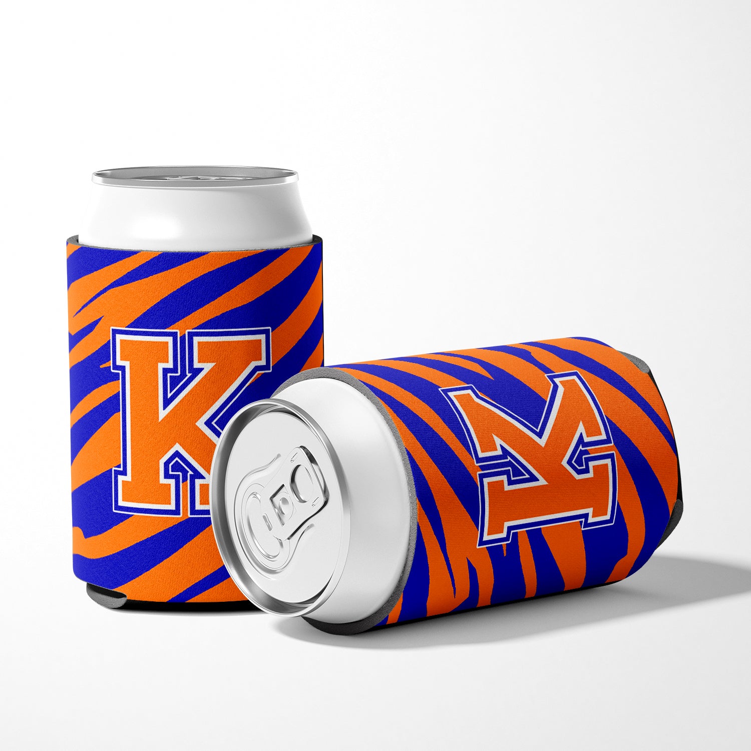 Letter K Initial Monogram Tiger Stripe Blue Orange Can or Bottle Beverage Insulator Hugger.
