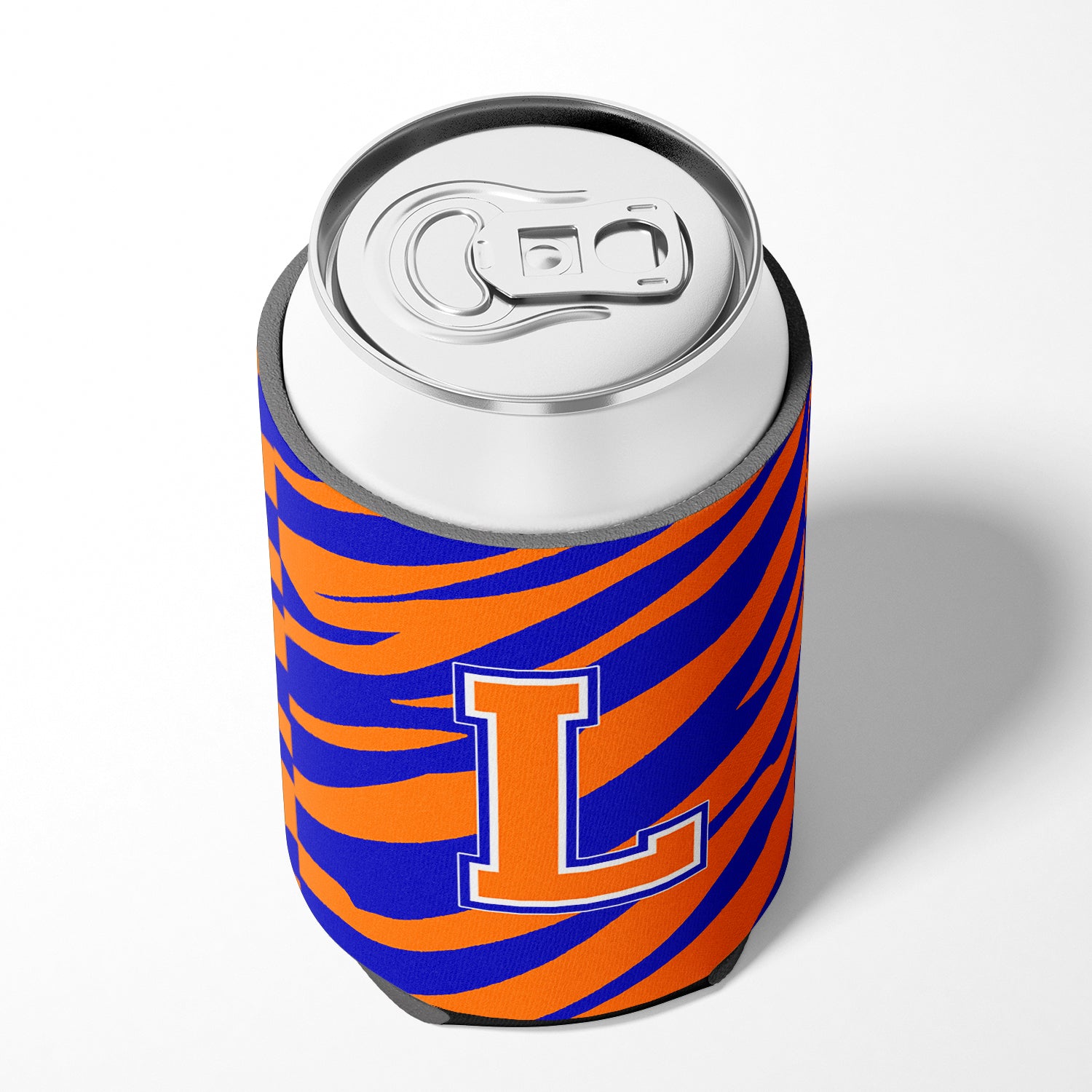 Letter L Initial Monogram Tiger Stripe Blue Orange Can or Bottle Beverage Insulator Hugger