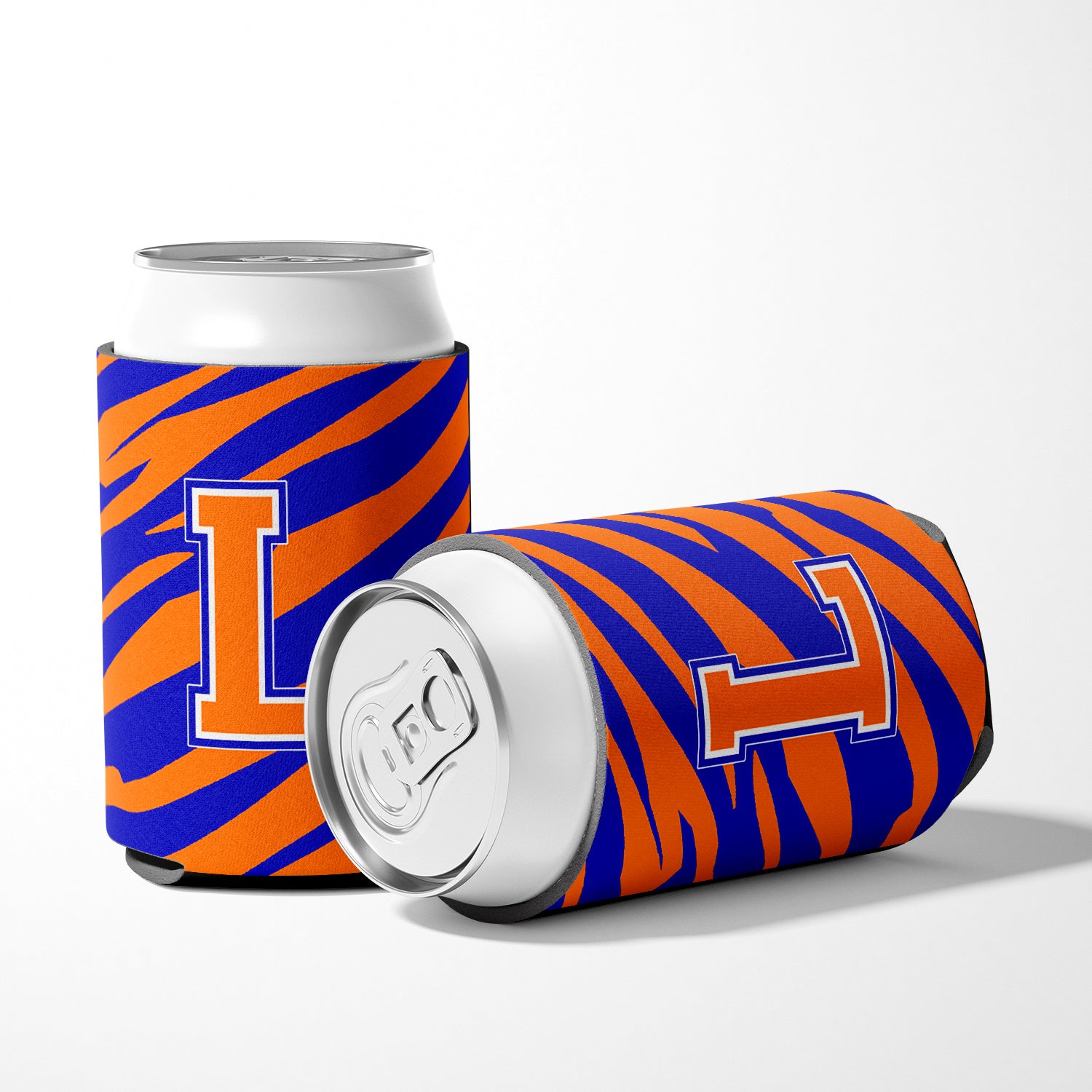 Letter L Initial Monogram Tiger Stripe Blue Orange Can or Bottle Beverage Insulator Hugger.