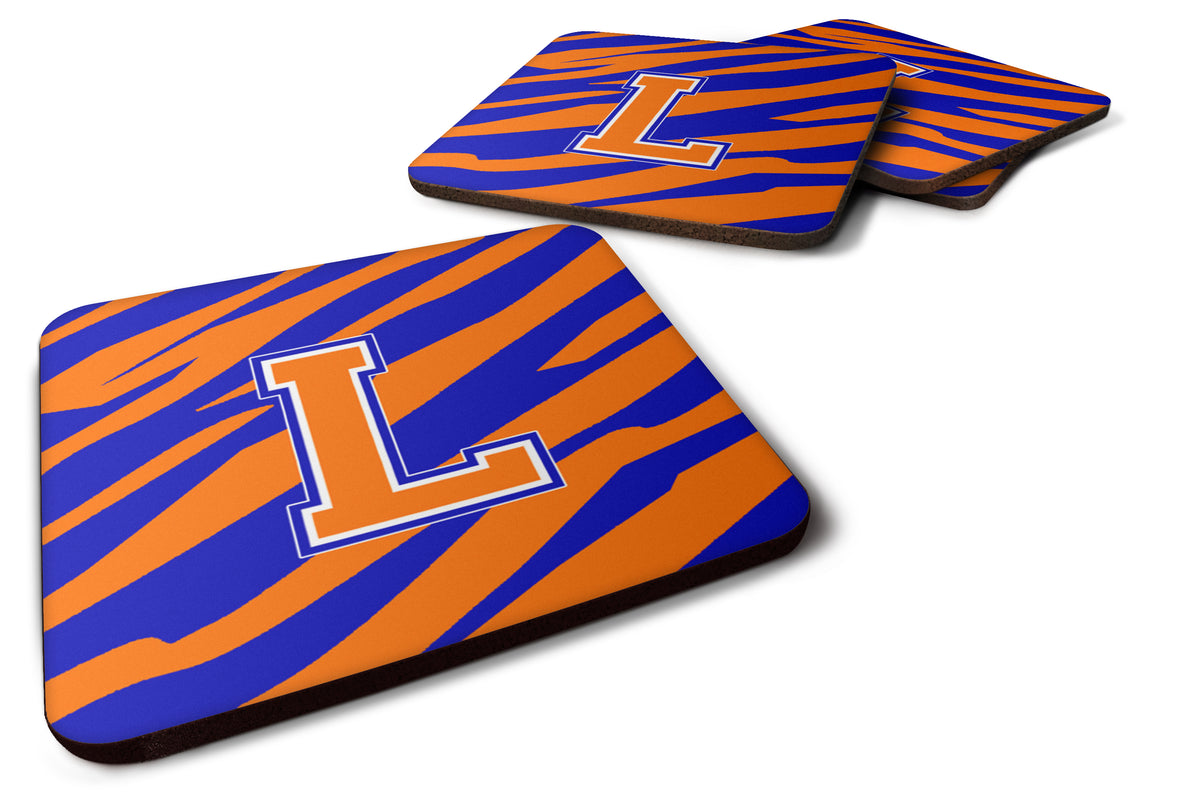 Set of 4 Monogram - Tiger Stripe - Blue Orange Foam Coasters Initial Letter L - the-store.com