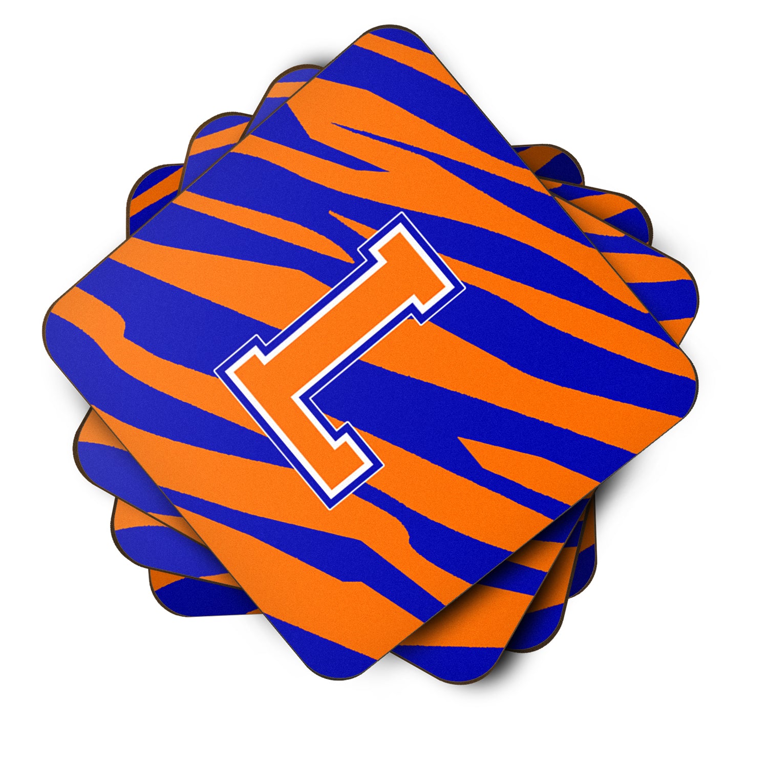 Set of 4 Monogram - Tiger Stripe - Blue Orange Foam Coasters Initial Letter L - the-store.com