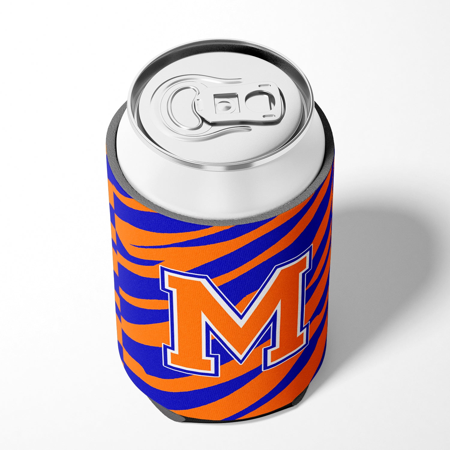 Letter M Initial Monogram Tiger Stripe Blue Orange Can or Bottle Beverage Insulator Hugger.