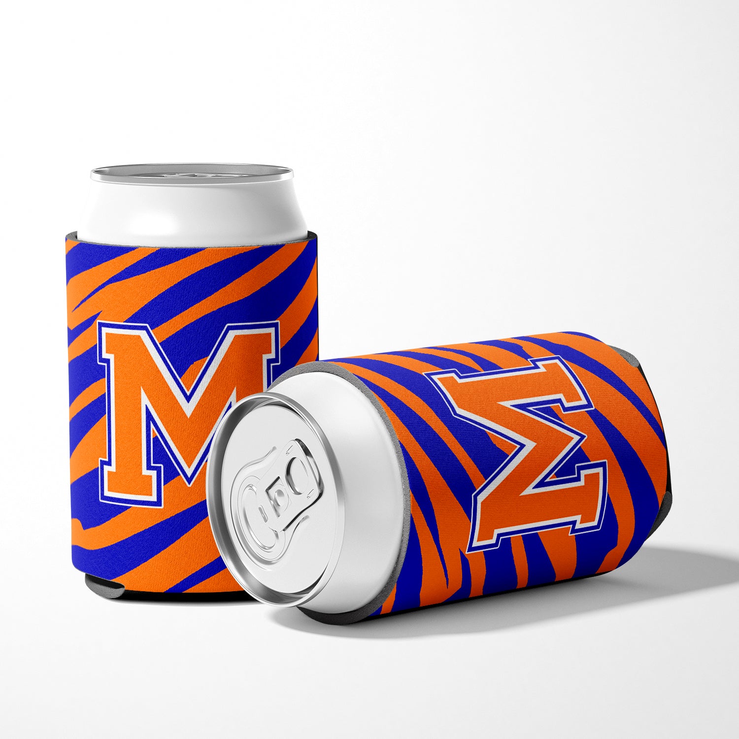 Letter M Initial Monogram Tiger Stripe Blue Orange Can or Bottle Beverage Insulator Hugger