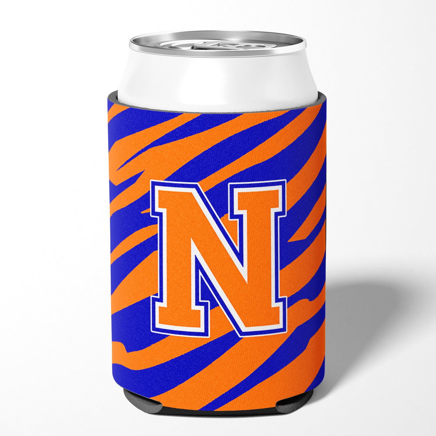 Letter N Initial Monogram Tiger Stripe Blue Orange Can or Bottle Beverage Insulator Hugger