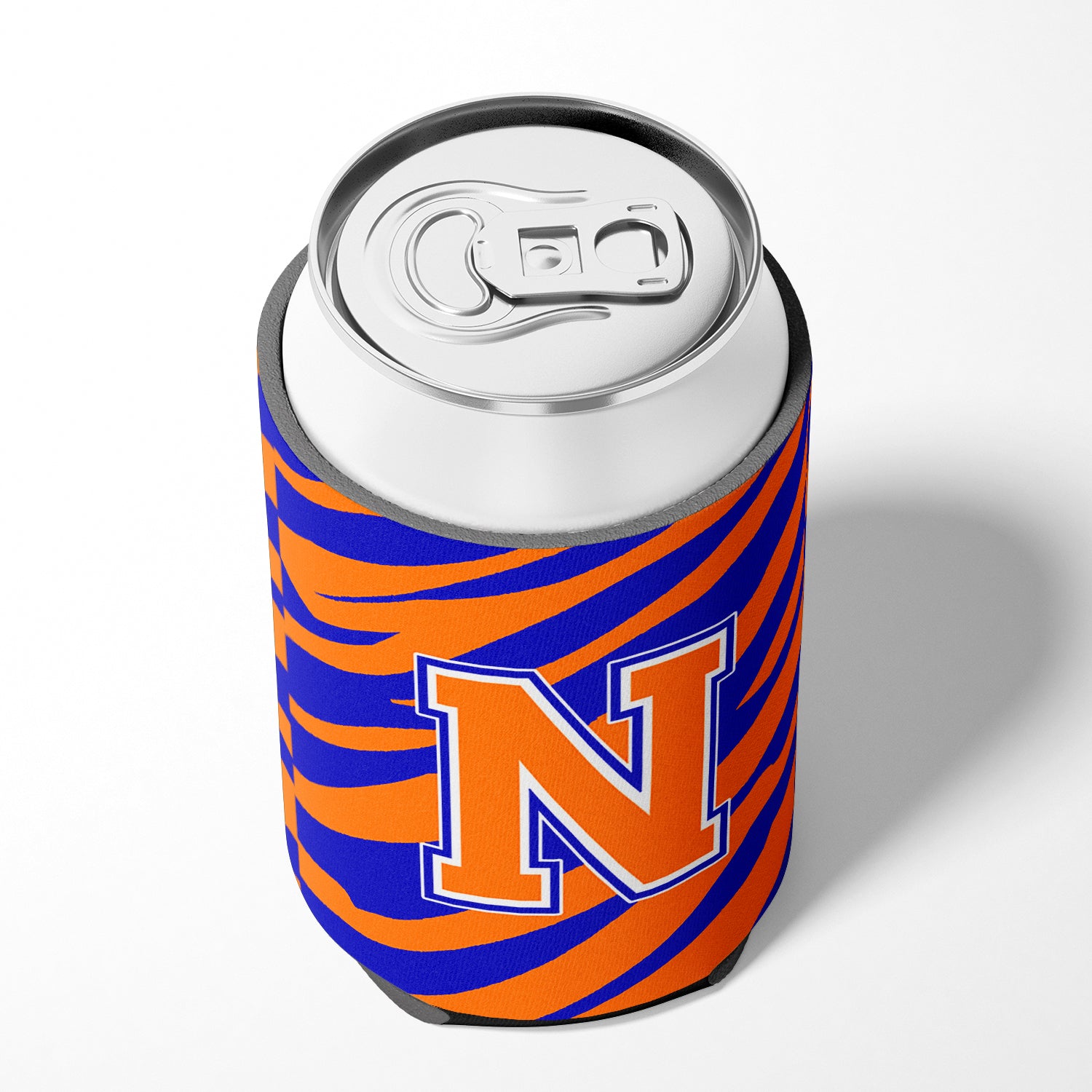 Letter N Initial Monogram Tiger Stripe Blue Orange Can or Bottle Beverage Insulator Hugger.