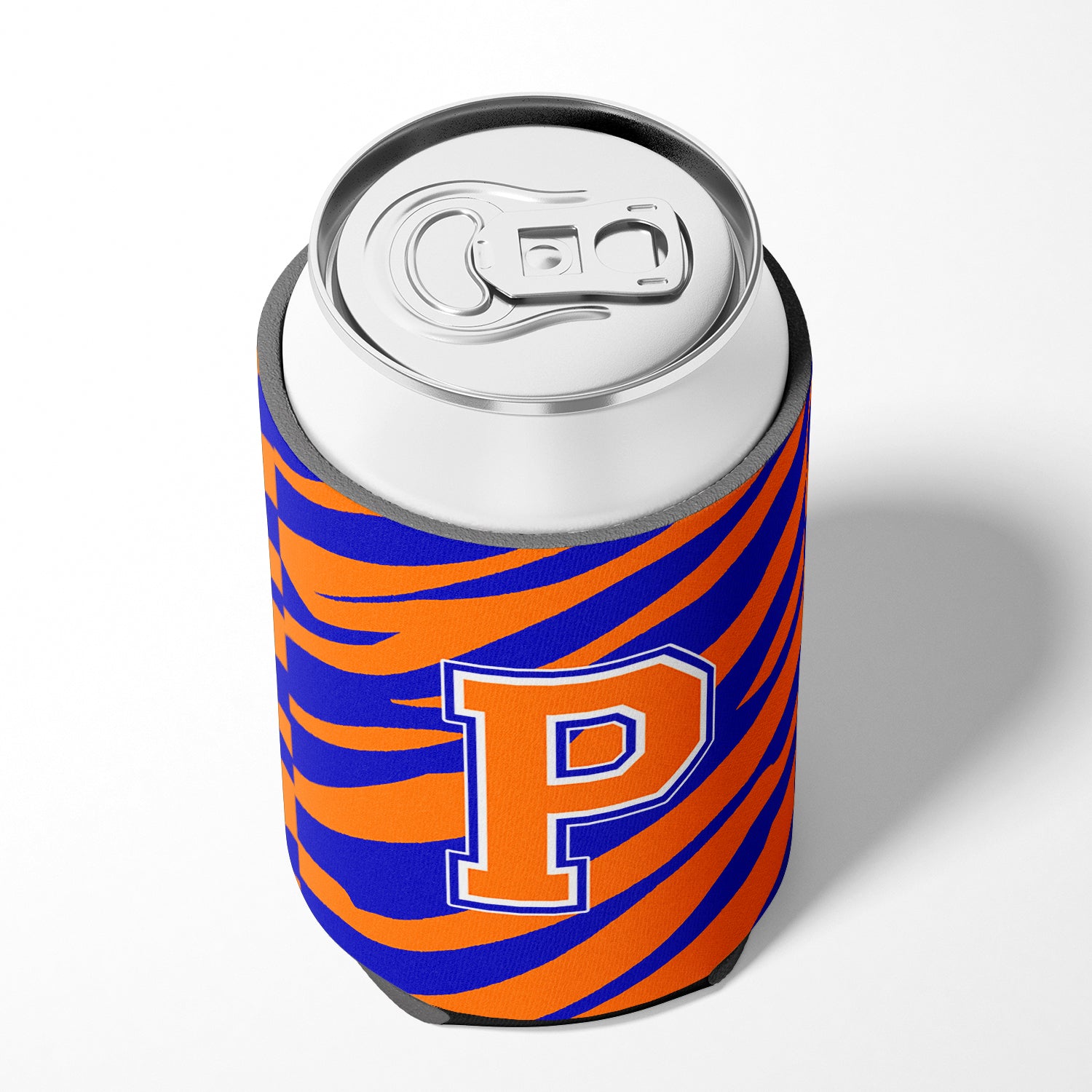 Letter P Initial Monogram Tiger Stripe Blue Orange Can or Bottle Beverage Insulator Hugger