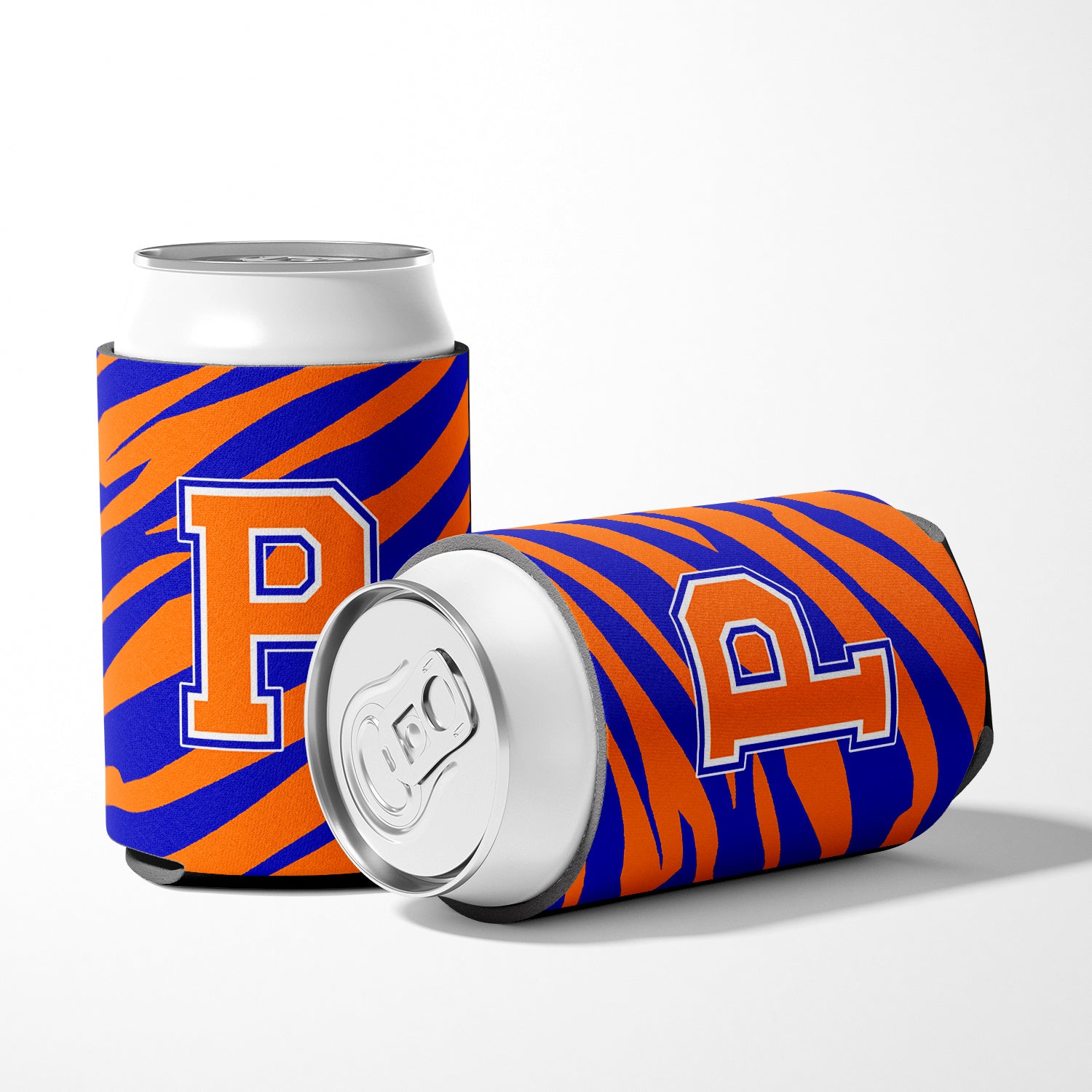 Letter P Initial Monogram Tiger Stripe Blue Orange Can or Bottle Beverage Insulator Hugger.
