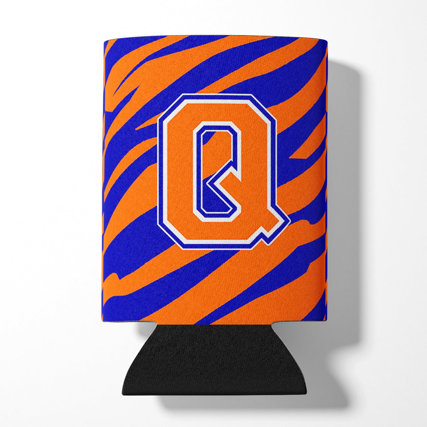 Lettre Q initiale monogramme tigre rayure bleu orange canette ou bouteille boisson isolant Hugger