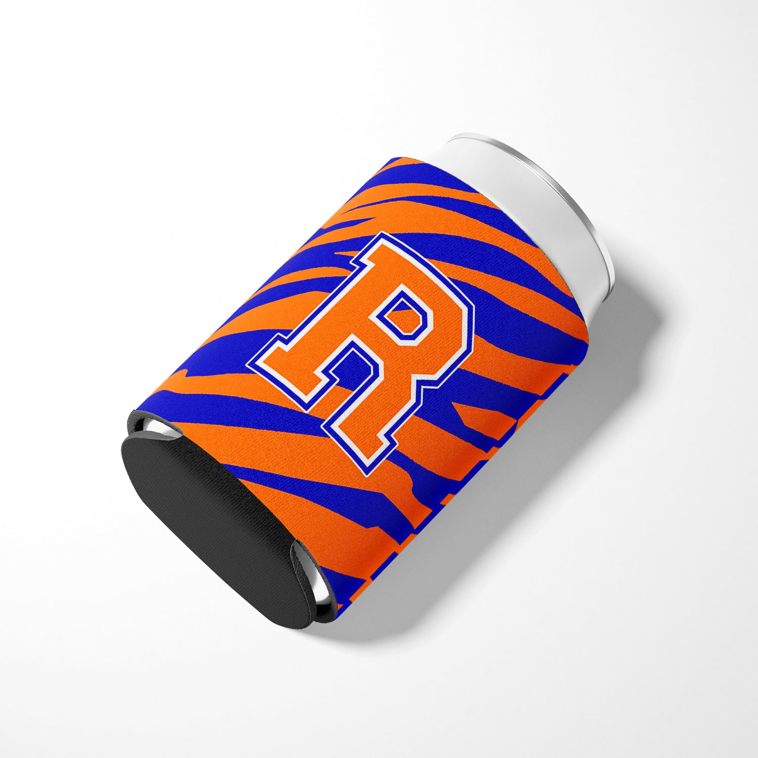 Letter R Initial Monogram Tiger Stripe Blue Orange Can or Bottle Beverage Insulator Hugger.
