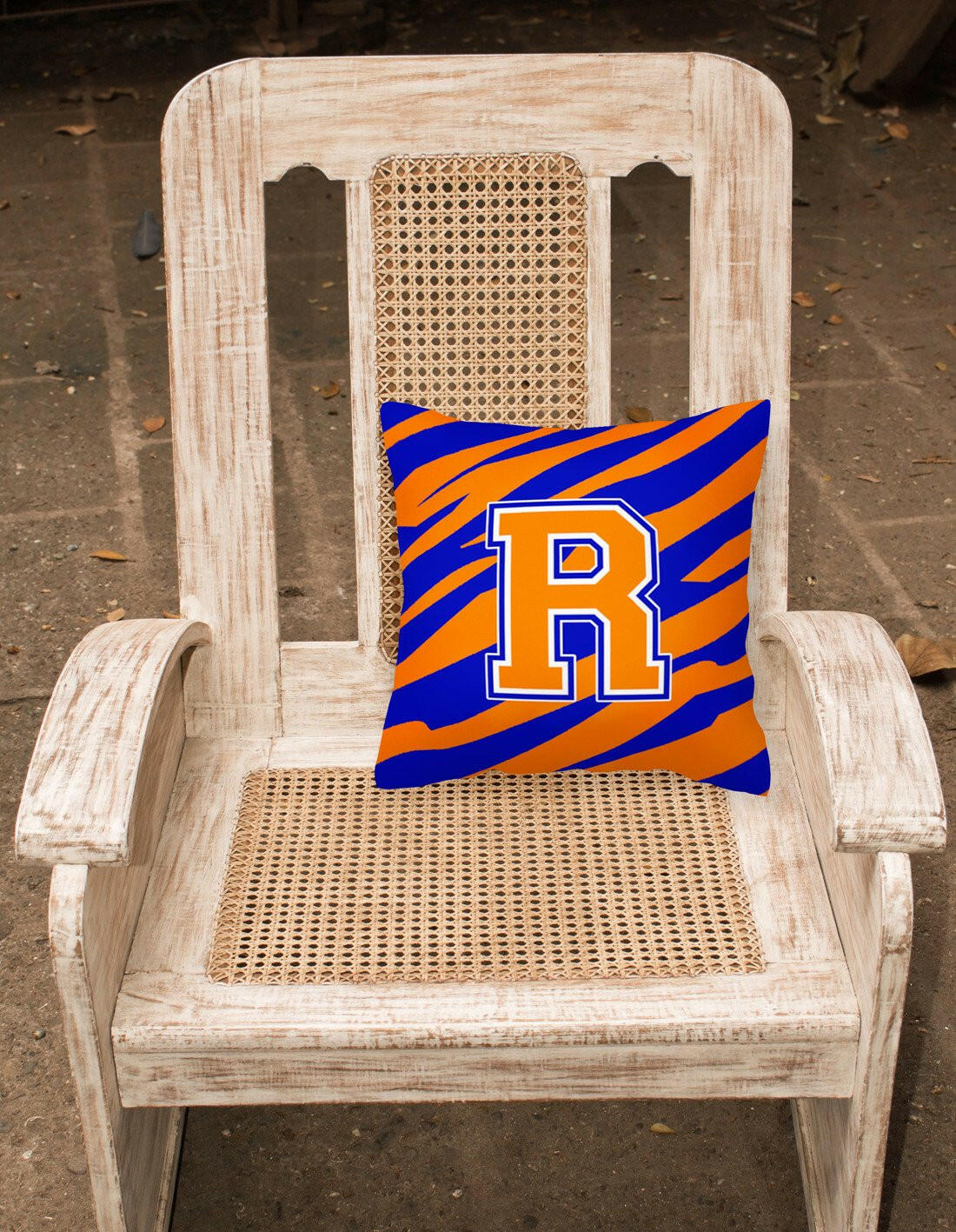 Monogram Initial R Tiger Stripe - Blue Orange Decorative   Canvas Fabric Pillow - the-store.com
